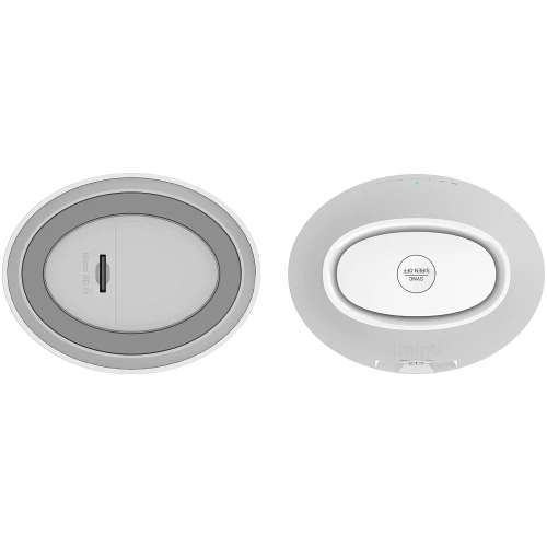 Zdjęcie przedstawia dwa widoki kamery monitoringu: z lewej strony widoczny jest slot na kartę microSD, a z prawej przycisk z napisem "SYNC" i "RESET". Oba elementy są w kolorze białym z szarymi akcentami.