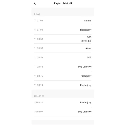 Zrzut ekranu przedstawia zapis z historii systemu alarmowego, pokazujący różne zdarzenia takie jak "Normal", "Rozbrojony", "SOS", "Alarm" oraz "Tryb Domowy" z dokładnymi godzinami. Na dole widoczna jest data przyszła, 2024-01-23, z wpisami "Rozbrojony" i "Tryb Domowy".