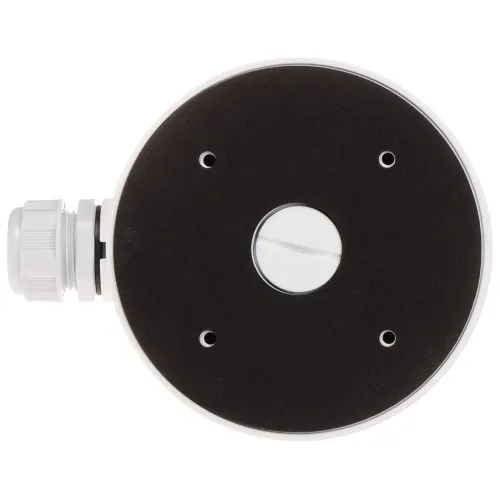 Okrągły, czarny element z białą obwódką i czterema otworami montażowymi, z boku widoczny biały złącznik. Centralnie umieszczony jest okrągły, srebrny element.