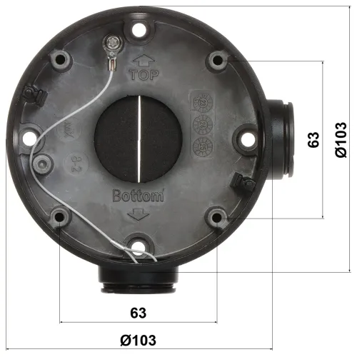 Okrągła, czarna puszka montażowa z oznaczeniami "TOP" i "Bottom" oraz widocznymi wymiarami Ø103 mm i 63 mm. Puszka posiada otwory montażowe i metalowe elementy wewnętrzne.