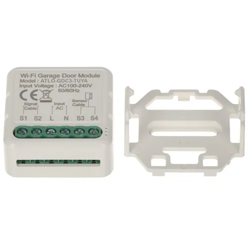 Moduł Wi-Fi do drzwi garażowych z oznaczeniami wejść i wyjść elektrycznych oraz napięcia, obok plastikowy uchwyt montażowy. Urządzenie jest w kolorze białym z zielonymi złączami śrubowymi.
