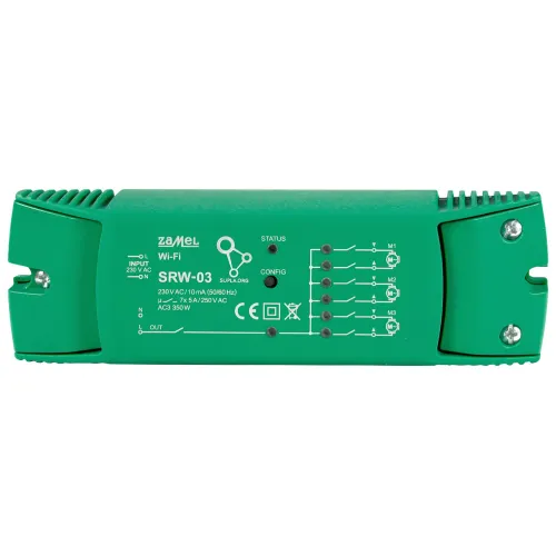 Zielony moduł sterujący Zamel SRW-03 z oznaczeniami wejść i wyjść oraz wskaźnikami statusu. Urządzenie obsługuje Wi-Fi i jest przeznaczone do pracy z napięciem 230V AC.