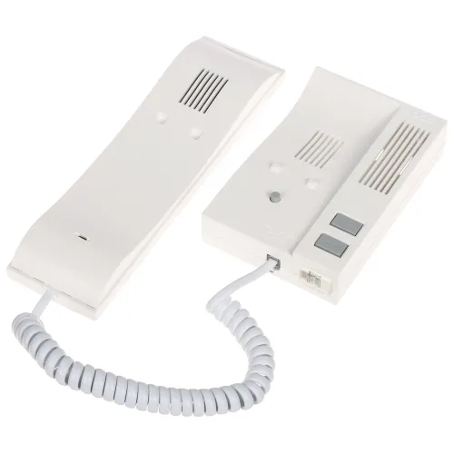 Na zdjęciu znajduje się biały domofon złożony z dwóch części: słuchawki z przewodem spiralnym oraz panelu z przyciskami i głośnikiem. Panel posiada dwa szare przyciski oraz złącze telefoniczne.