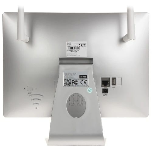 Na zdjęciu znajduje się tył srebrnego monitora z dwoma antenami, posiadający porty Ethernet, USB oraz przyciski funkcyjne. Monitor jest zamontowany na stojaku, a na obudowie widoczne są naklejki z informacjami technicznymi.