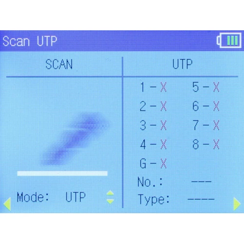 Ekran urządzenia diagnostycznego pokazuje wyniki skanowania kabli UTP, z oznaczeniami od 1 do 8 oraz G, gdzie wszystkie są oznaczone jako nieprawidłowe (X). Na dole ekranu widoczny jest tryb pracy ustawiony na UTP oraz wskaźnik baterii w prawym górnym rogu.