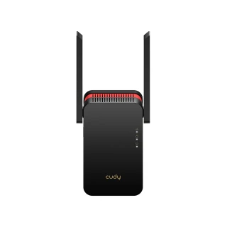 Na zdjęciu znajduje się czarny access point Cudy RE3000 z dwoma antenami skierowanymi do góry. Urządzenie ma czerwony akcent na górze i widoczne diody sygnalizacyjne z przodu.