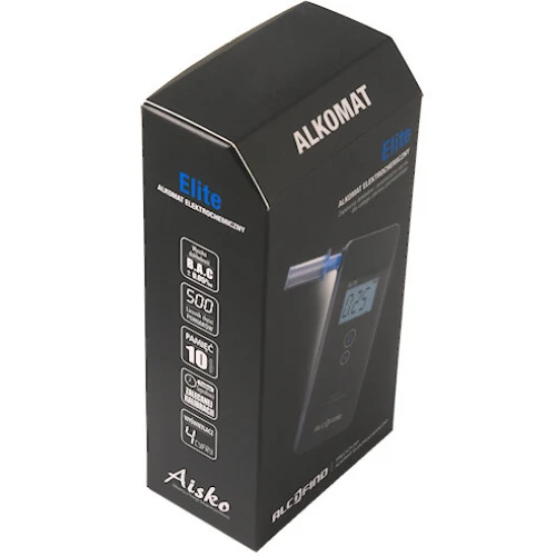 Opakowanie alkomatu AlcoFind Elite z widocznymi specyfikacjami na froncie. Alkomat AlcoFind Elite jest przedstawiony na czarnym tle z niebieskimi i białymi napisami.
