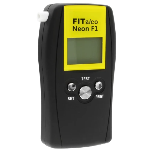 Alkomat FITalco NEON F1 w eleganckim, czarnym etui z wyświetlaczem LCD. Urządzenie do pomiaru poziomu alkoholu we krwi z precyzyjnym sensorem elektrochemicznym.