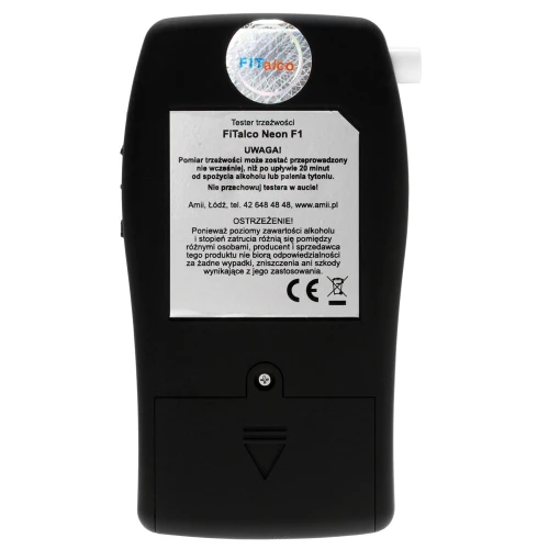 Alkomat FITalco NEON F1 z wyświetlaczem cyfrowym i przyciskami funkcyjnymi. Urządzenie pomiarowe w eleganckiej, czarnej obudowie.