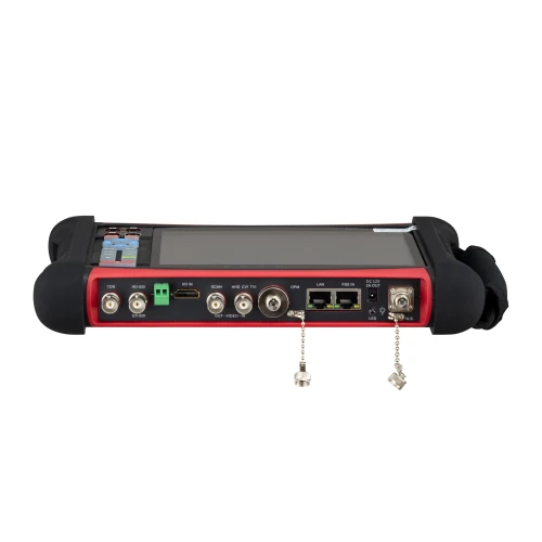 Przenośny tester CCTV BCS-MS z ekranem dotykowym i różnorodnymi portami, w tym HDMI, BNC, LAN i USB, umożliwia wszechstronne testowanie systemów monitoringu. Urządzenie posiada solidną obudowę z gumowymi narożnikami i pasek do noszenia.