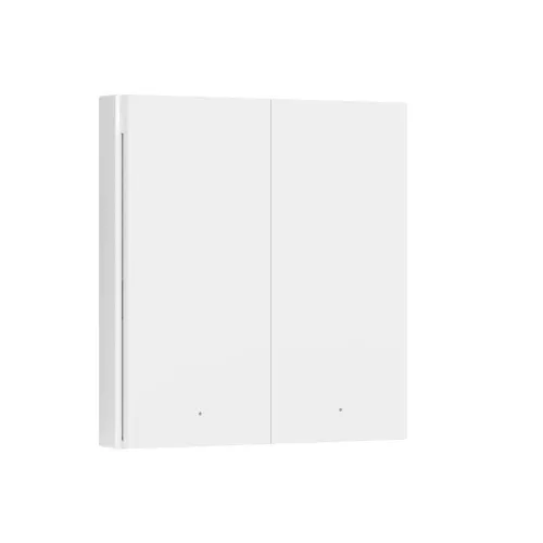 Na zdjęciu znajduje się biały, prostokątny panel z dwoma przyciskami, prawdopodobnie przeznaczony do montażu na ścianie. Panel ma minimalistyczny design z delikatnymi oznaczeniami na przyciskach.