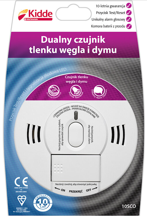 Czujnik w opakowaniu: Czujnik czadu tlenku węgla i dymu Kidde 10SCO