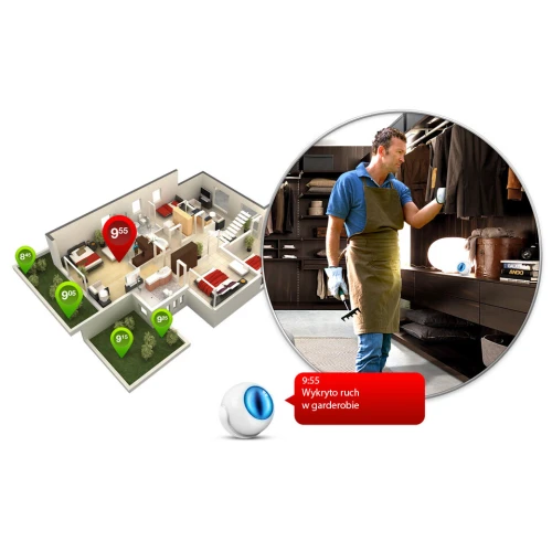 Na zdjęciu znajduje się czujnik ruchu, światła i temperatury, który jest pokazany w kontekście inteligentnego domu. Obok wizualizacji pomieszczeń, czujnik jest przedstawiony jako małe, białe urządzenie z niebieskim elementem, monitorujące aktywność w garderobie.