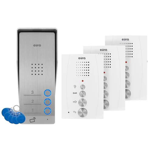 Interkom EURA ADP-63A3 - bílý, pro tři rodiny, hands-free, podpora 2 vstupů, čtečka RFID
