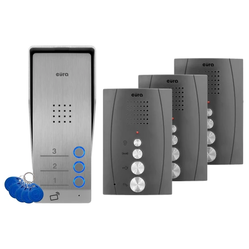 Dveřní vstupní telefon EURA ADP-63A3 - grafitový, tříčlenný, hands-free, podpora 2 vstupů, čtečka RFID