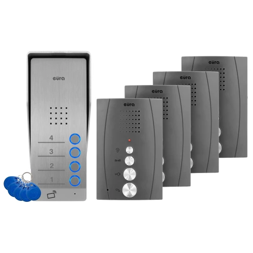 Dveřní vstupní telefon EURA ADP-64A3 - grafitový, pro 4 rodiny, hands-free, podpora 2 vstupů, čtečka RFID