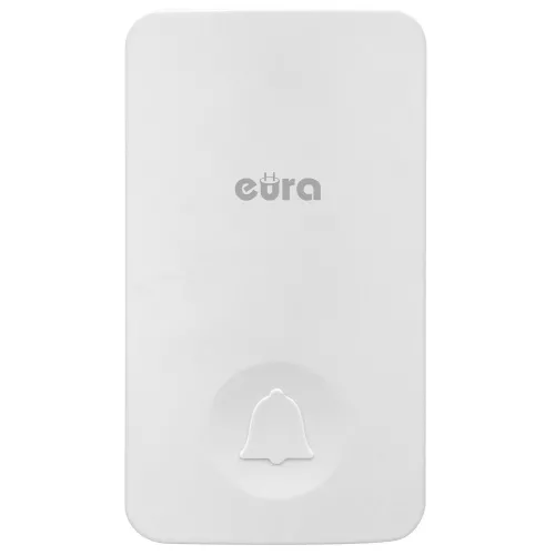 Biały, prostokątny dzwonek bezprzewodowy Eura z logo na górze i ikoną dzwonka na dole. Powierzchnia jest gładka, a urządzenie ma minimalistyczny design.