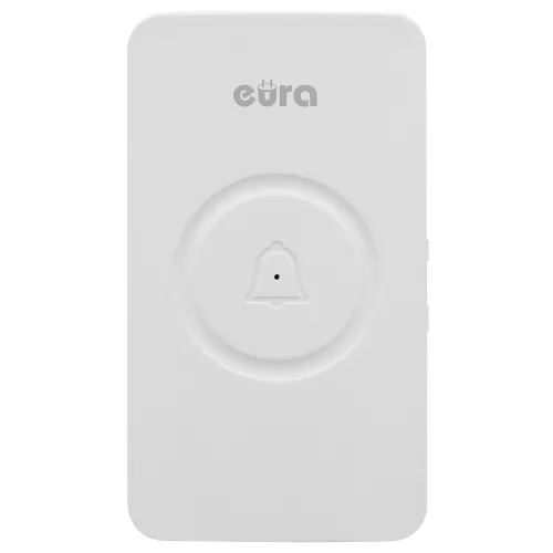 Biały, prostokątny dzwonek bezprzewodowy z logo "Eura" na górze i symbolem dzwonka w centralnej części. Urządzenie ma minimalistyczny design z zaokrąglonymi rogami.