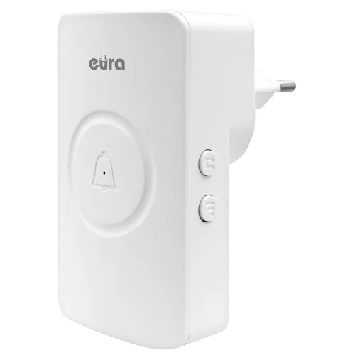 Biały, bezprzewodowy dzwonek do drzwi marki Eura z kinetycznym przyciskiem i możliwością rozbudowy. Urządzenie posiada dwa przyciski funkcyjne z boku oraz wtyczkę do gniazdka elektrycznego.