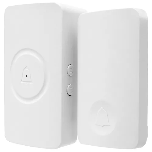 Biały, bezprzewodowy dzwonek do drzwi z kinetycznym przyciskiem i możliwością rozbudowy. Na obudowie widoczne są ikony dzwonka oraz dwa przyciski funkcyjne.