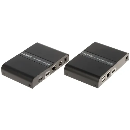 Dwa czarne urządzenia do przesyłania sygnału HDMI i USB, każde z kilkoma portami, leżą obok siebie na białym tle. Na obudowach widoczne są napisy "HDMI KVM Extender".