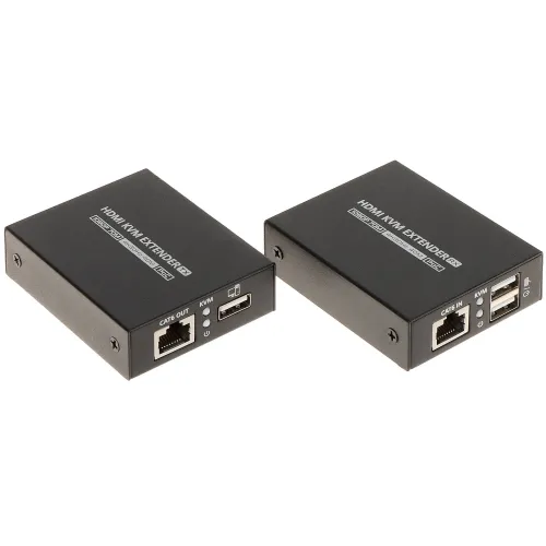 Na zdjęciu znajdują się dwa czarne urządzenia oznaczone jako "HDMI KVM Extender," z widocznymi portami HDMI, USB i Ethernet. Urządzenia mają prostokątny kształt i są umieszczone na białym tle.