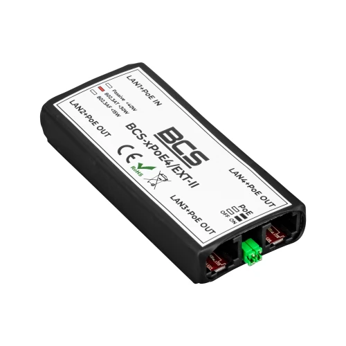 Extender BCS-XPoE4-EXT-II to kompaktowe urządzenie w czarnej obudowie z białą etykietą, posiadające porty LAN/PoE IN i LAN/PoE OUT. Na etykiecie znajdują się oznaczenia techniczne oraz logo producenta BCS.