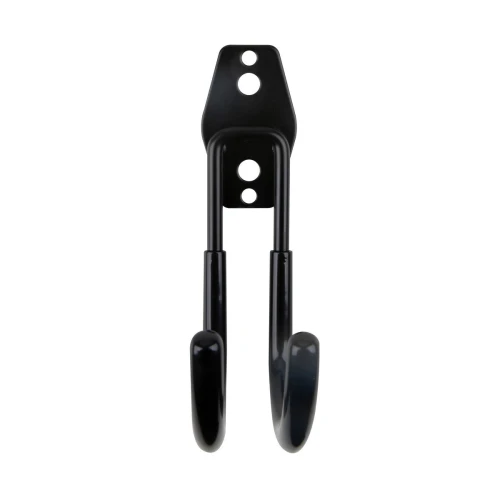 Czarny, metalowy uchwyt ścienny z dwoma zakrzywionymi ramionami i otworami montażowymi. Przeznaczony do wieszania przedmiotów, takich jak rowery lub narzędzia.