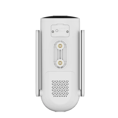 Biała, cylindryczna kamera bezpieczeństwa z widocznymi elementami montażowymi i otworami wentylacyjnymi. Kamera posiada minimalistyczny design z gładką powierzchnią i prostymi liniami.