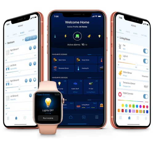 Na zdjęciu znajduje się inteligentne gniazdko FIBARO Walli Outlet type F FGWOF-011 w eleganckiej, białej obudowie, zamontowane na ścianie. Produkt prezentuje nowoczesny design z subtelnym podświetleniem LED wokół krawędzi.