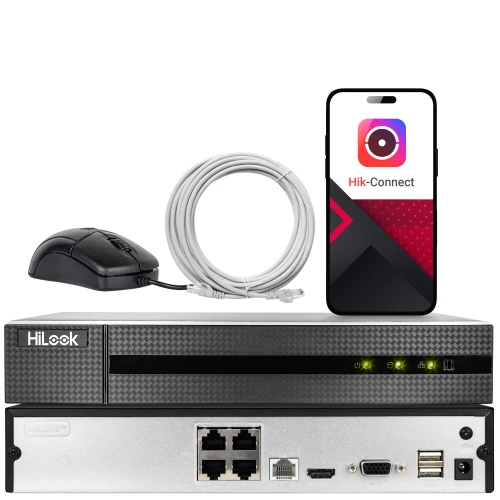 Na zdjęciu znajduje się zestaw monitoringu składający się z rejestratora HiLook, myszki, kabla sieciowego oraz smartfona z aplikacją Hik-Connect. Rejestrator ma kilka portów z tyłu, w tym HDMI, USB i Ethernet.