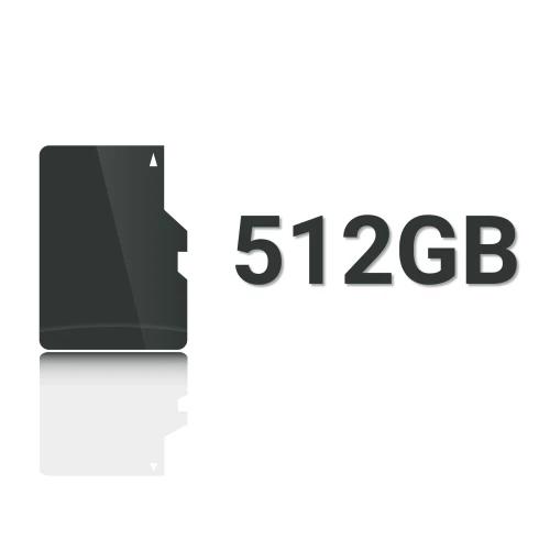 Obrazek przedstawia ikonę karty pamięci obok napisu "512GB" na białym tle. Ikona jest czarna z lekkim połyskiem, a napis jest w ciemnym kolorze.