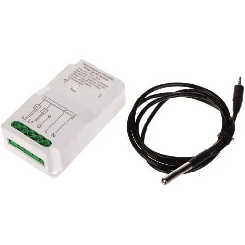 Na zdjęciu znajduje się inteligentny przełącznik z pomiarem temperatury oraz czarny przewód z sondą. Przełącznik ma białą obudowę z zielonymi złączami i opisem funkcji na górze.