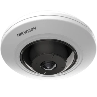 Biała kamera typu fisheye marki Hikvision z centralnie umieszczonym obiektywem. Urządzenie ma nowoczesny, minimalistyczny design i jest przeznaczone do monitoringu.