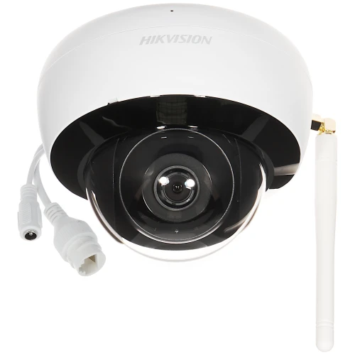 Kamera IP Hikvision DS-2CD2141G1-IDW1 to kopułkowe urządzenie o rozdzielczości 4 MPx, wyposażone w antenę Wi-Fi i złącza kablowe. Obudowa jest w kolorze białym z czarnym wnętrzem, a kamera posiada szklany obiektyw.