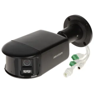 Czarna kamera IP Hikvision z panoramicznym obiektywem i widocznymi złączami kablowymi. Urządzenie ma nowoczesny design i jest przeznaczone do monitoringu wizyjnego.