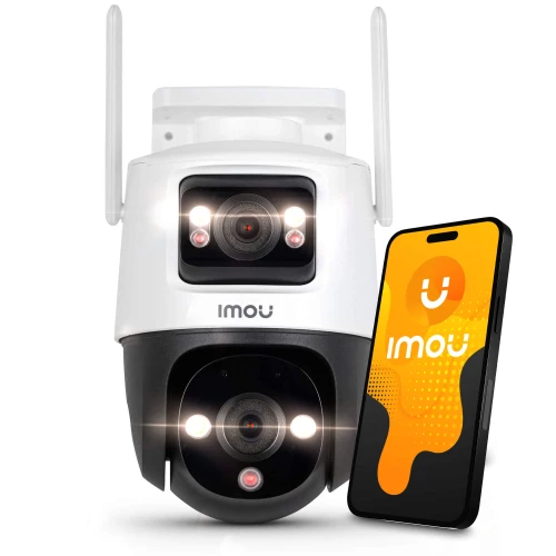 Zdjęcie przedstawia białą, obrotową kamerę IP marki Imou z dwoma antenami, umieszczoną na tle białej ściany. Obok kamery znajduje się smartfon z wyświetlonym logo Imou na ekranie.