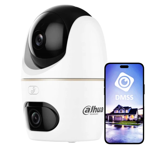 Na zdjęciu znajduje się biała, obrotowa kamera WiFi marki Dahua z dwoma obiektywami, obok której widoczny jest smartfon z aplikacją DMSS pokazującą obraz z kamery. Kamera ma nowoczesny design z czarnymi elementami, a na obudowie widnieje logo producenta.