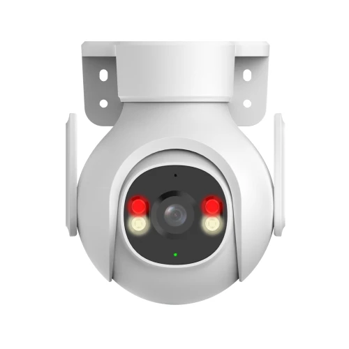 Biała, obrotowa kamera WiFi z dwoma czerwonymi i dwoma białymi diodami LED wokół obiektywu. Kamera ma nowoczesny design i jest zamontowana na uchwycie ściennym.