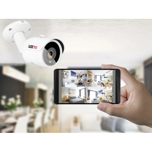 Kamera sieciowa IP KEEYO LV-IP5M3TFE-II 5Mpx w kolorze białym z widocznym obiektywem i logo producenta. Produkt przeznaczony do monitoringu wizyjnego o wysokiej rozdzielczości.
