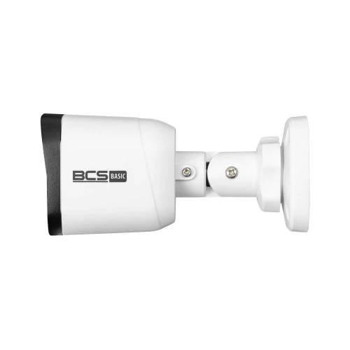 Biała kamera tubowa BCS Basic z czarnymi akcentami jest zamontowana na regulowanym uchwycie. Widoczny jest logo producenta na obudowie kamery.