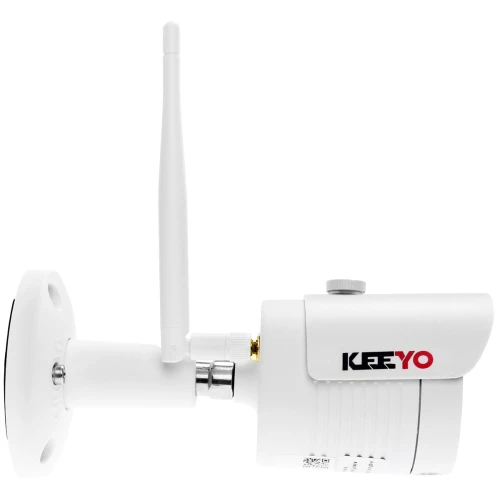 Bezprzewodowa kamera sieciowa IP LV-IP24W-V 2Mpx WiFi KEEYO w białej obudowie z widocznym obiektywem i anteną do transmisji sygnału. Kamera jest zamontowana na uchwycie, co umożliwia jej łatwe ustawienie w różnych kierunkach.