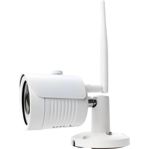 Bezprzewodowa kamera sieciowa IP LV-IP24W-V 2Mpx WiFi KEEYO w białej obudowie z widocznym obiektywem i anteną do transmisji sygnału. Kamera jest zamontowana na uchwycie, co umożliwia jej łatwe ustawienie w różnych kierunkach.