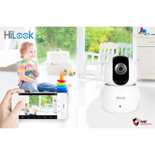 Kamera WiFi IP HiLook IPC-P120-D/W w białej obudowie z czarnym panelem frontowym. Urządzenie posiada obiektyw oraz diody LED na przedniej części.