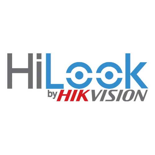Logo HiLook by Hikvision, przedstawiające nazwę marki w niebiesko-szarej kolorystyce. Logo zawiera charakterystyczne litery "o" stylizowane na obiektywy kamer.