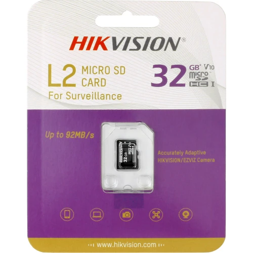 Opakowanie karty pamięci Hikvision L2 Micro SD o pojemności 32 GB, przeznaczonej do monitoringu, z prędkością odczytu do 92 MB/s. Produkt jest zaprezentowany na tle fioletowo-białego opakowania z logo i specyfikacjami.