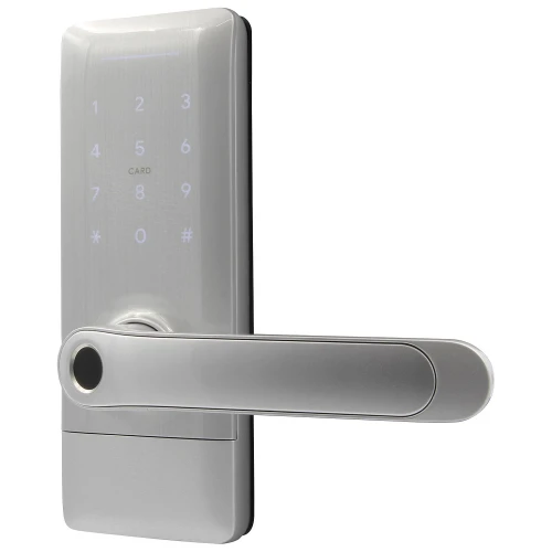 Dveřní klika s přístupovým ovladačem EURA ELH-02H4 - stříbrná, klávesnice, čtečka Mifare 13,56 MHz, biometrická čtečka, IP65, aplikace TTLock/ TTHotel