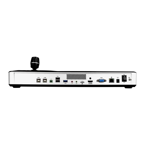 Zdjęcie przedstawia tylny panel klawiatury sterującej BCS DVR z różnymi portami i złączami, w tym USB, HDMI i VGA. Na górze urządzenia znajduje się czarny joystick.