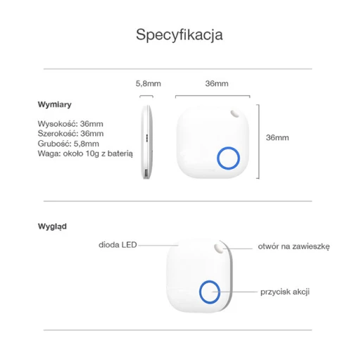 Lokalizator Bluetooth Piri w kształcie małego, białego urządzenia z otworem na smycz. Produkt służy do śledzenia i lokalizowania przedmiotów za pomocą technologii Bluetooth.