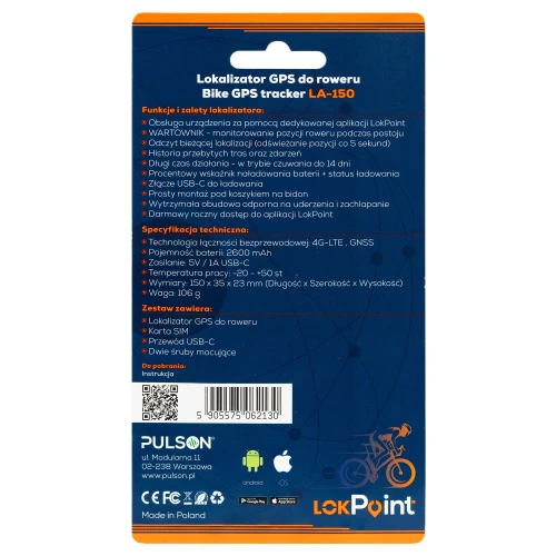 Zdjęcie przedstawia opakowanie lokalizatora GPS do roweru LA-150 marki LokPoint, z informacjami o funkcjach, specyfikacjach technicznych i zawartości zestawu. Na dole opakowania znajdują się dane kontaktowe producenta oraz kod kreskowy.